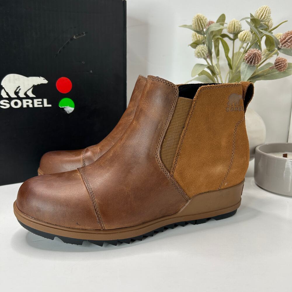 Sorel Evie Pull-On Bootie Waterproof Leather/Suede Wedge Brown Women's 10.5 NWB